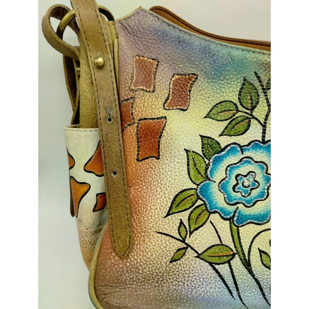 Floral Hobo bag Great Am. Leatherworks Hand painted adjustable shoulder strap